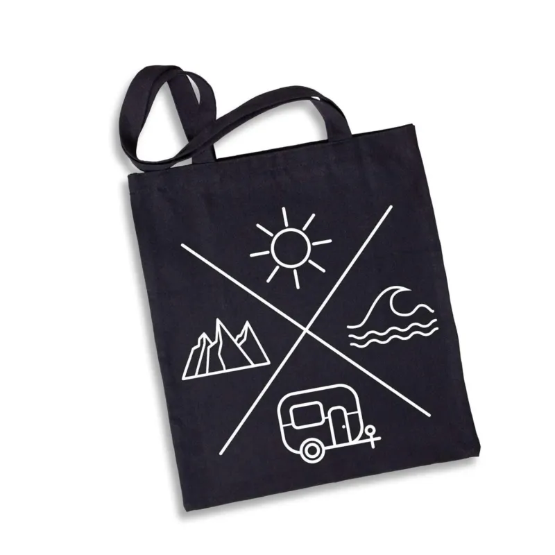 Bild: Baumwolltasche - Camping-Motiv (Sonne, Berge, Meer, Wohnwagen).