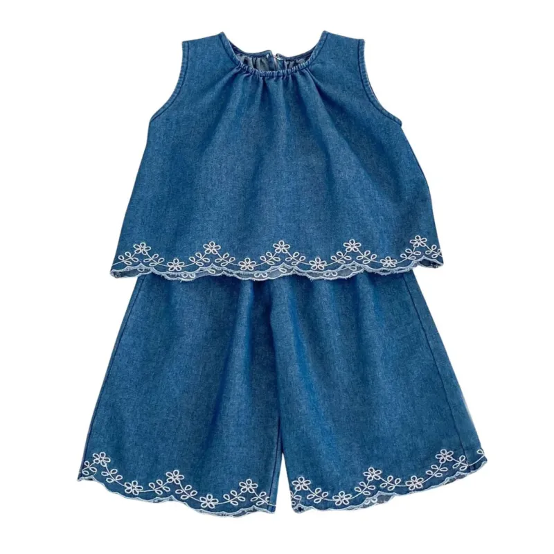 Denim Set Top und Hose mit Stickerei